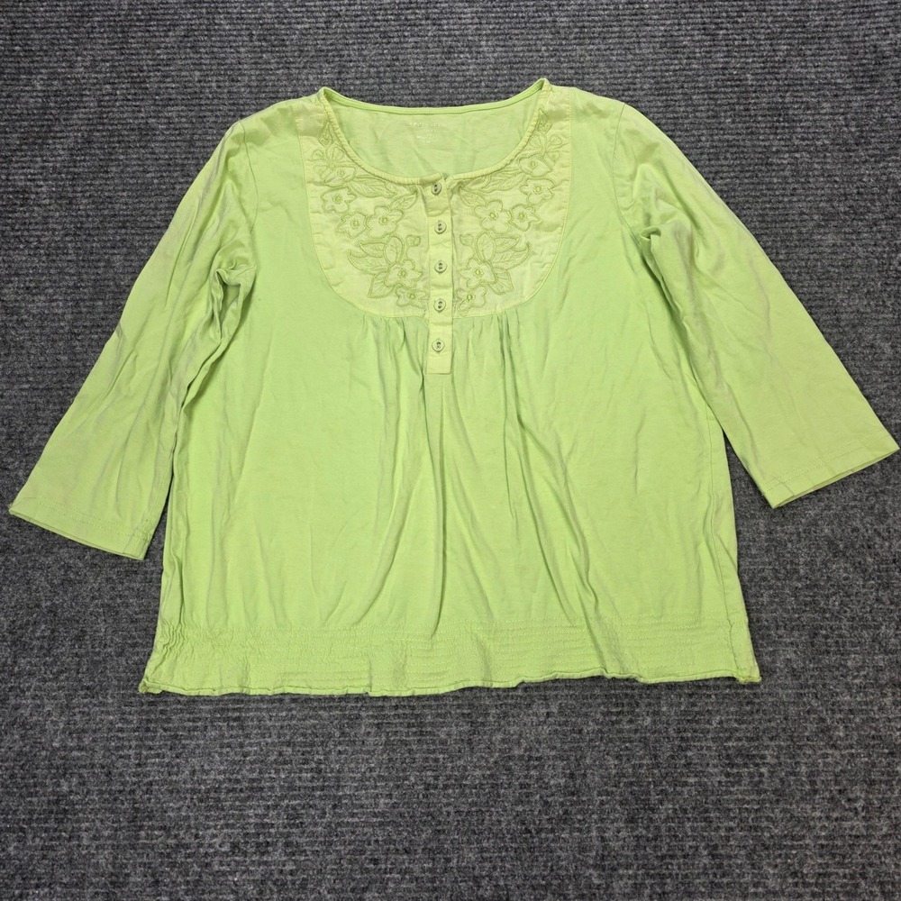 Appleseeds Floral Embroidered Henley Top Women's Size PM Lime Green Smocked Hem